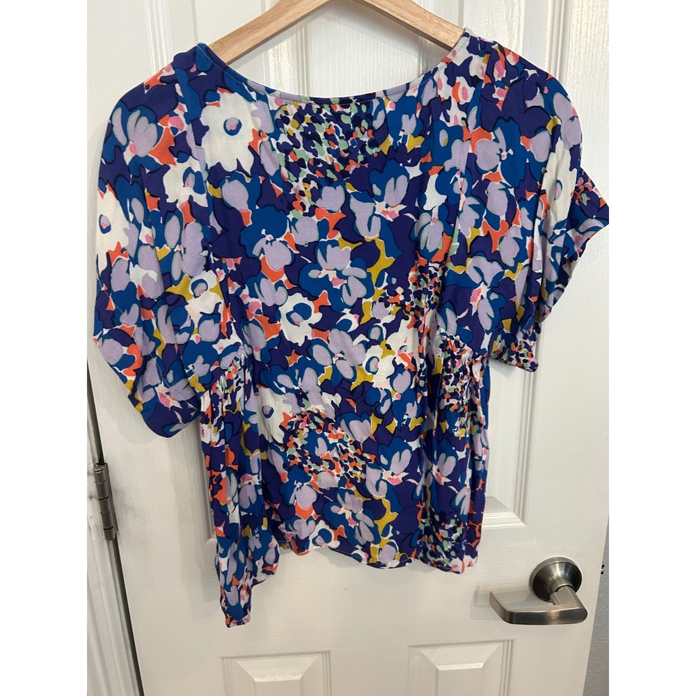 Maeve Anthropologie Floral Print Viscose Blouse Blue Purple XS Short‎ Sleeve Top - Picture 6 of 8